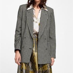 Zara Plaid Houndstooth Plaid Oversized Double Breasted Blazer Elbow patches